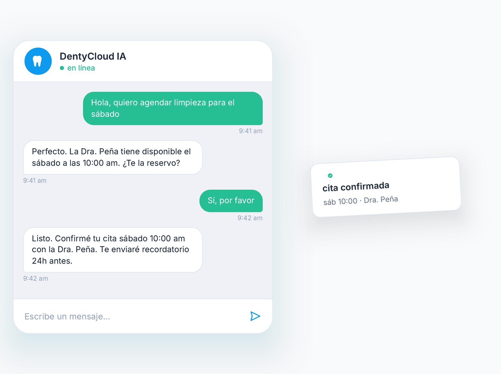 Chatbot de WhatsApp de DentyCloud respondiendo a un paciente y confirmando cita